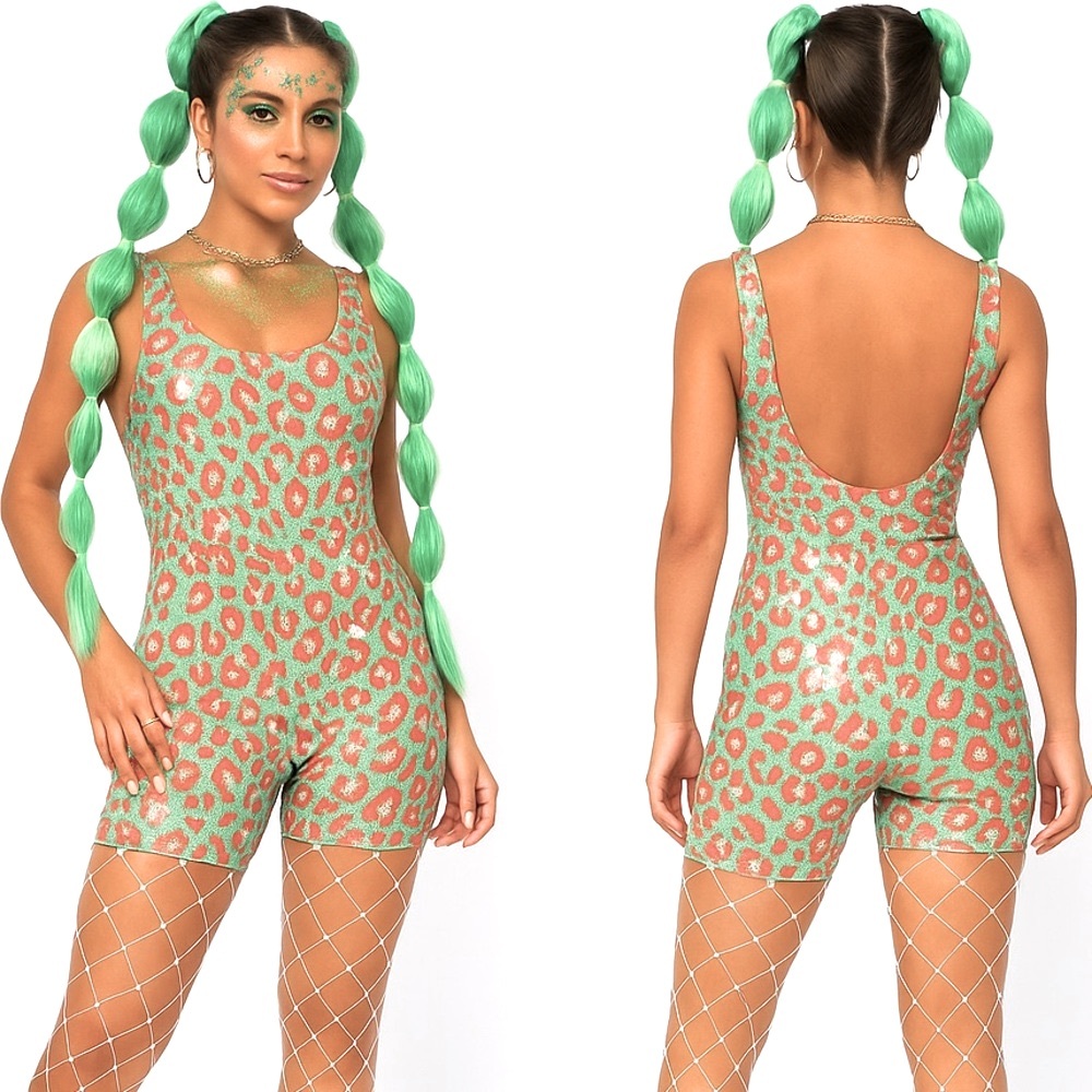 MOTEL Savage Sequin Leopard Print Unitard Romper Shorts One Piece Jumpsuit S